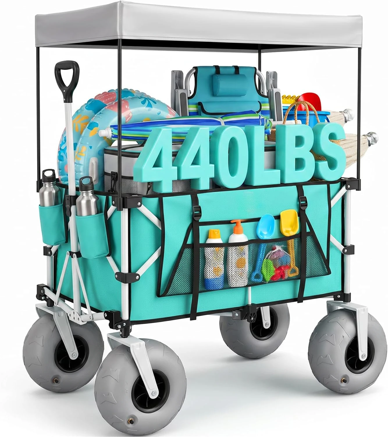 Beach Wagon with Big Balloon Wheels for Sand 200L Extra Large Beach Cart with Canopy 440Lbs Heavy Duty Folding Wagon Collapsible 9in Tires Light Blue
