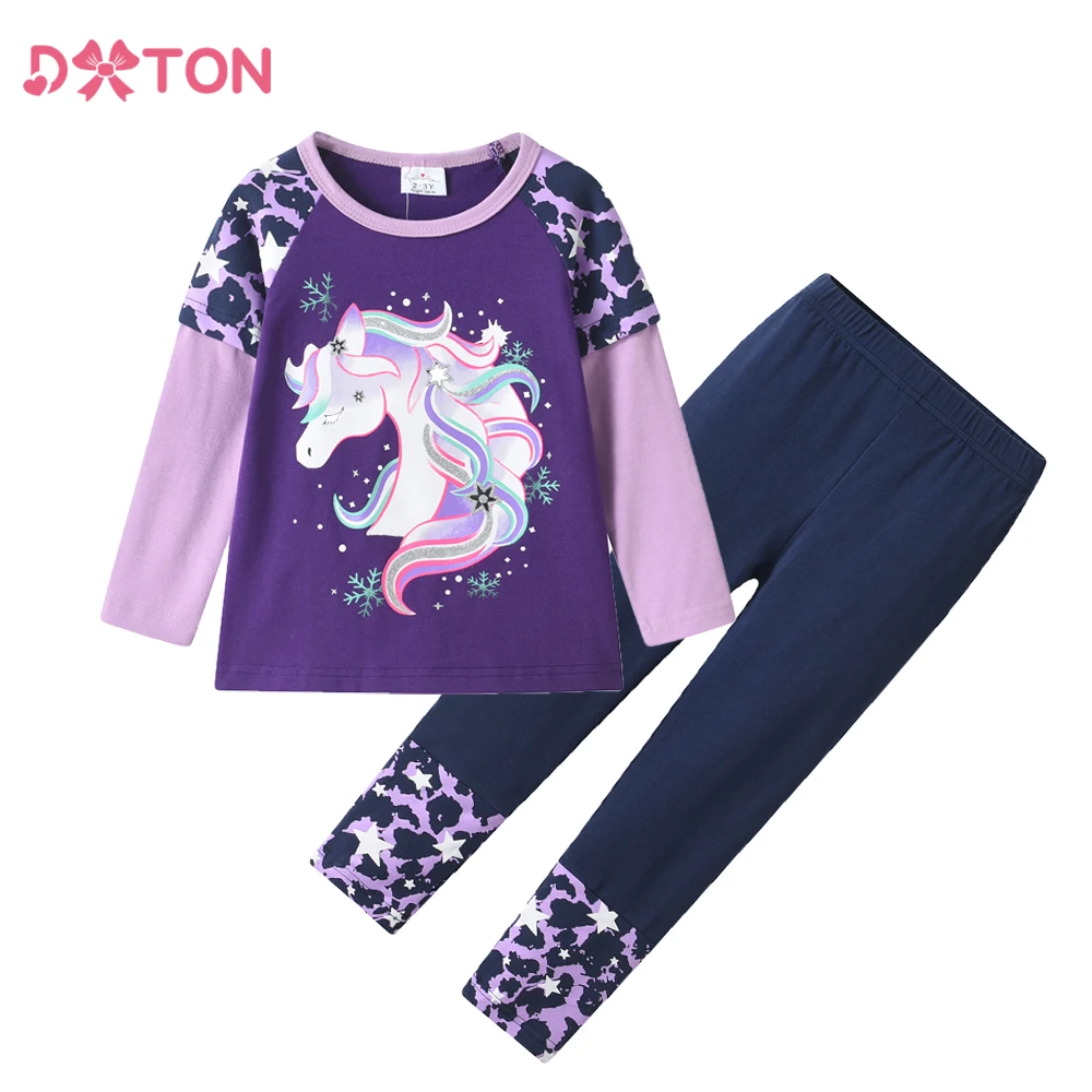 

DXTON Children's Clothing Sets Tops+Pant 2pcs Girls Suits Unicorn Cartoon Kids Toddler Casual Set Two Fake T-shirts and Legging