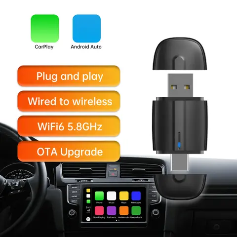 USB&Typ-c Wireless Carplay Adapter for Apple Carplay, Android Auto wired to wireless conversion