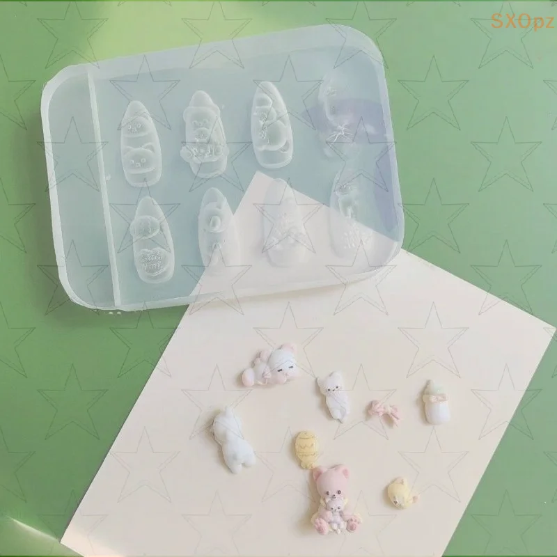 

3D силиконовая форма для дизайна ногтей с рисунками мультяшного кота и милого медведя, прозрачный шаблон для декора ногтей «сделай сам» для маникюра
