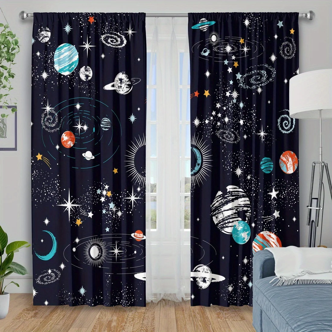 Premium Galaxy Planet Stars Curtain Set Navy Blue Space Astronomy Window Drapes for Living Room Decor