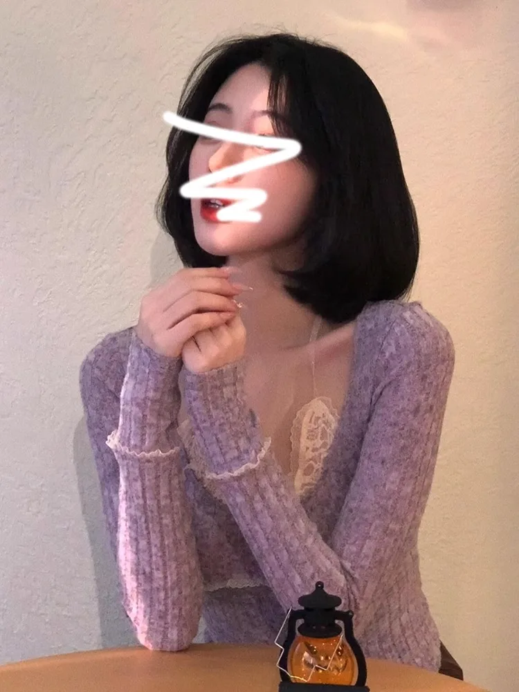 Purple Knitted Lace Trim Splice Slim Fit Women's Sweater Autumn Winter Inner Wear Base Shirt Top Design Sense Two-Piece Look