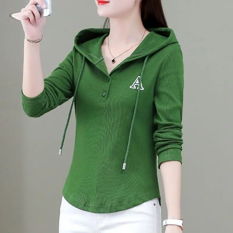 2023 Spring and Summer Hooded Slim Long Sleeve Korean Version Spliced Pockets Solid Color Zipper Commute Fashion Causal T-shirt