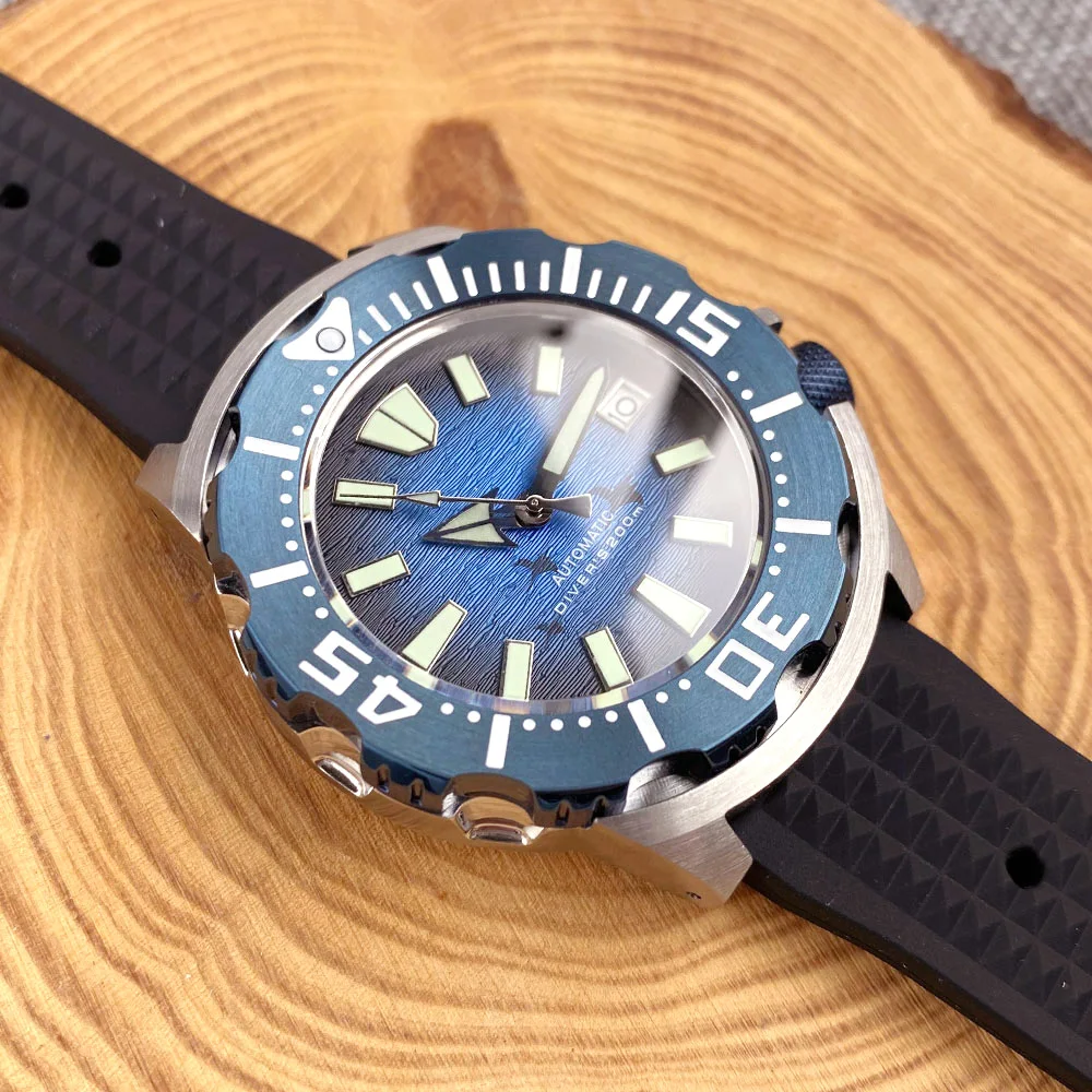 42mm Tandorio Monster Watches 20ATM Waterproof NH36A Diving Automatic Watch Men Blue Bezel Sapphire Luminous Rubber Strap New