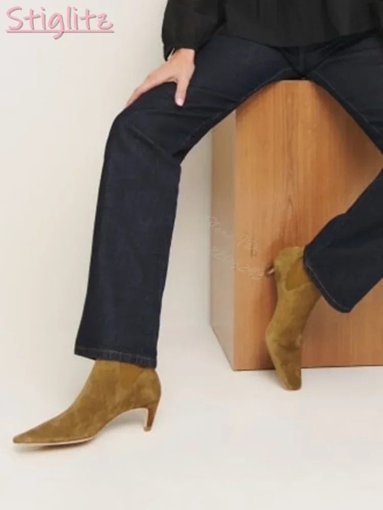 Retro Suede Chelsea Boots Low Heel Solid Pointed Stiletto Ankle Socks Boots Slip-on 2025 Autumn New Office Lady Fashion Shoes