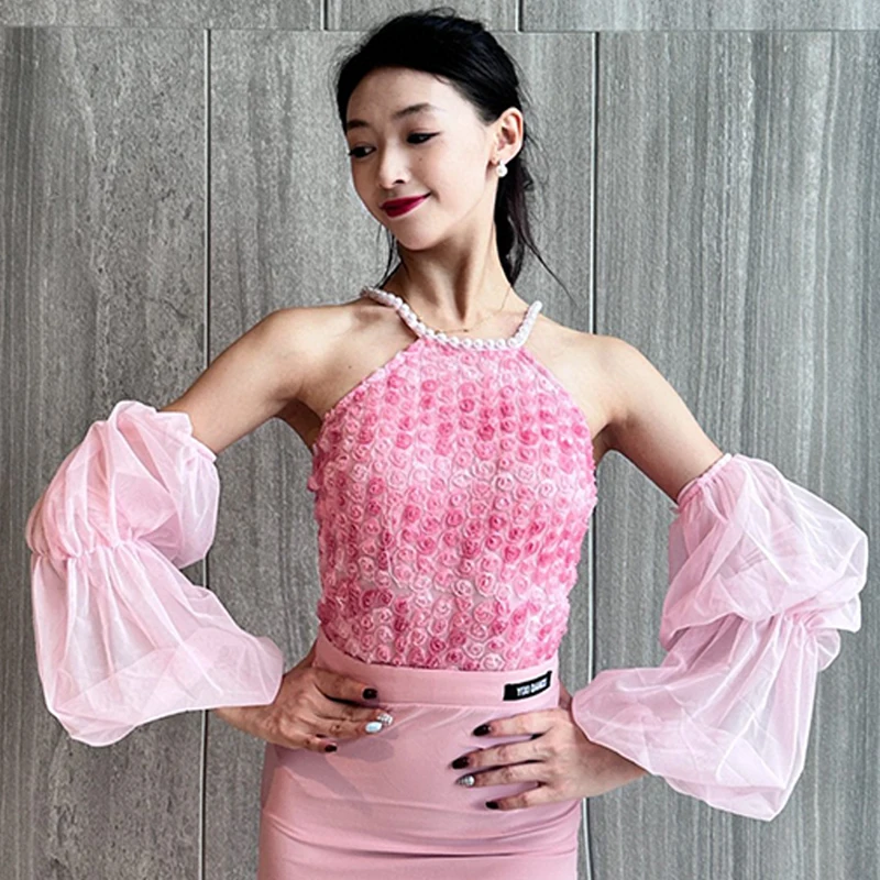 Ballroom Dance Performance Clothes Pearl Halterneck Tops Puff Sleeves Latin Dance Wear Fairy Leotards Practice Clothing DNV18965