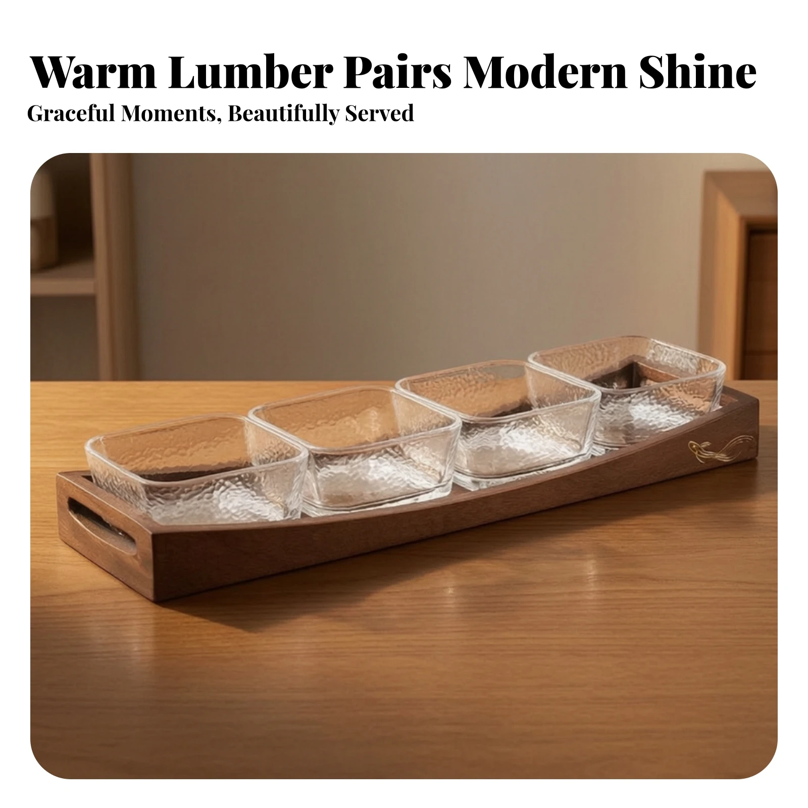 Wood Snack Tray with Glass Bowls Separated Serving Tray with Glass Dishes Appetizer Platter with Bowls Walnut Hammered for Hosts