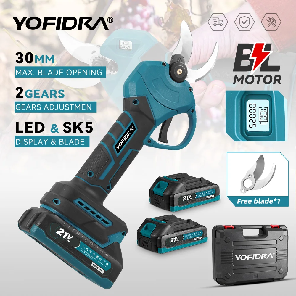 Sécateur électrique sans fil YOFIDRA 30 mm, 2 vitesses, ciseaux électriques pour arbres fruitiers, bonsaïs, jardin, compatible avec batterie Makita 21 V.