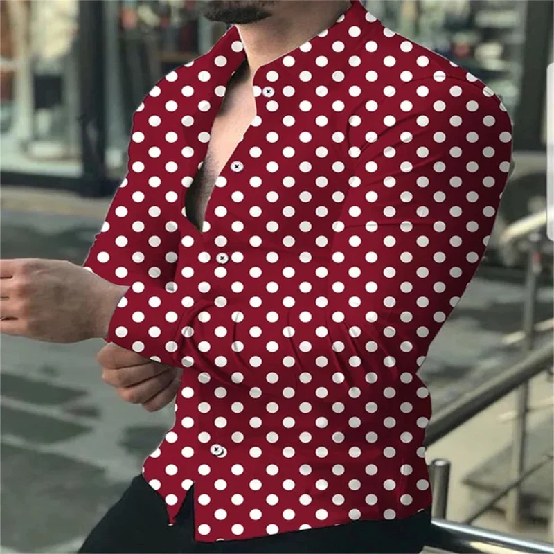 2024 new men\'s button-down long-sleeved polka dot lapel shirt outdoor street fashion casual breathable comfortable clothing top