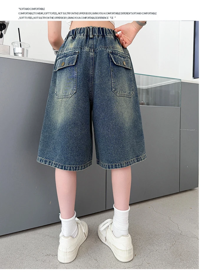 Sommer Vintage Kinder Koreanische Mode Loch-Denim-Shorts Mädchen Lässige Über-Knie-Denim-Hosen Elegante Zerrissene Mini-Jeans für Teenager – Detail 5