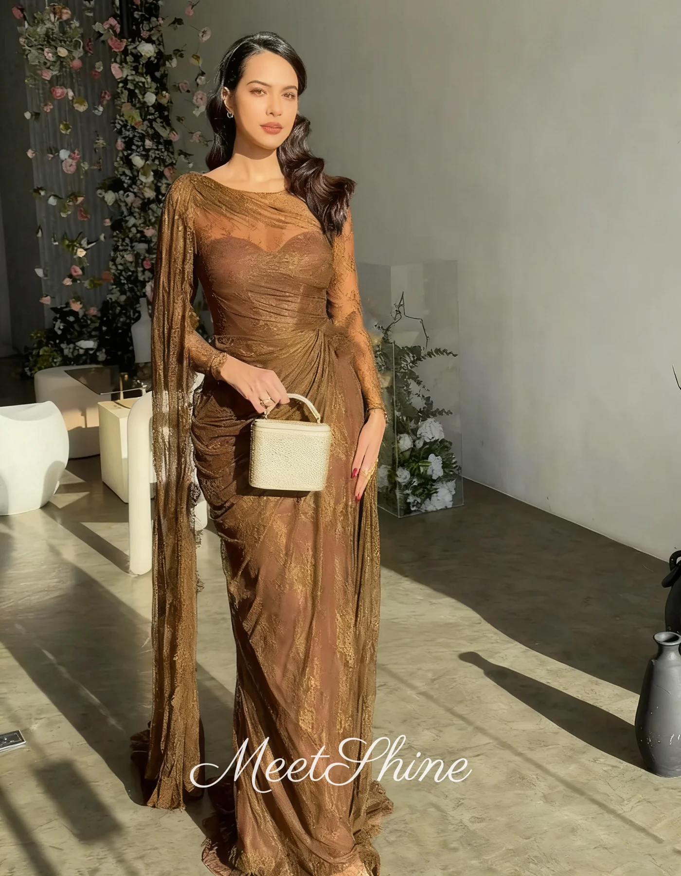 ヴィンテージブラウンマーメイドOネックプリーツプロムドレスドバイ長袖イブニングドレスサウジアラビア فساتين سهرةカスタマイズ