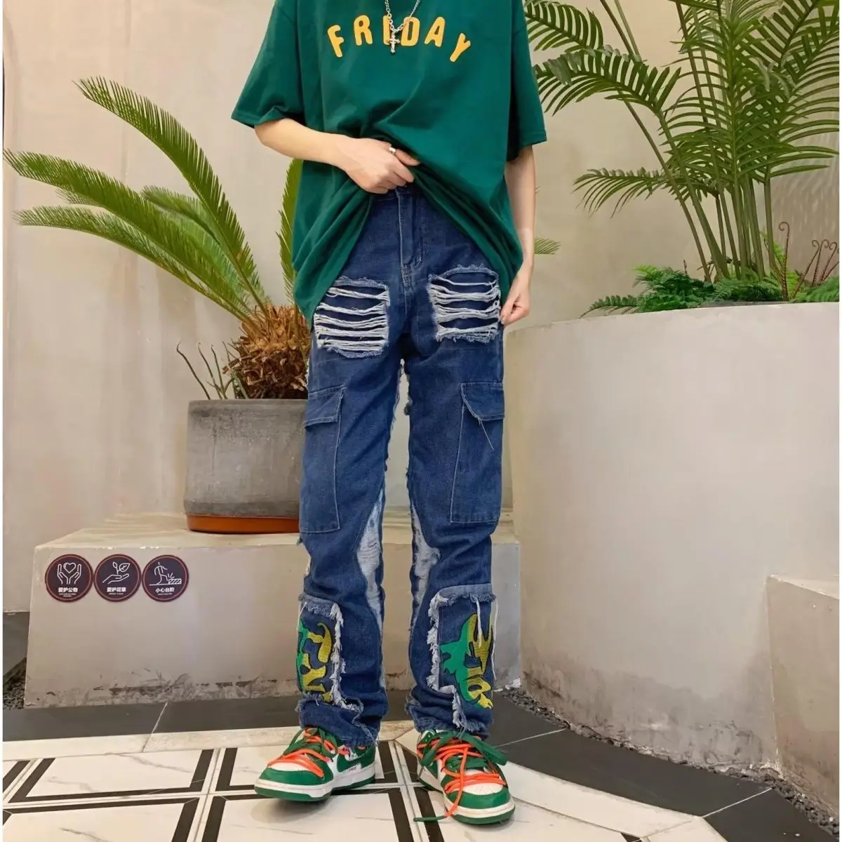 Men's Patchwork Hip-hop Distressed Jeans High Waisted Pant Street Young Boy Bottoms Male Wide Leg Straight Vintage Trousers