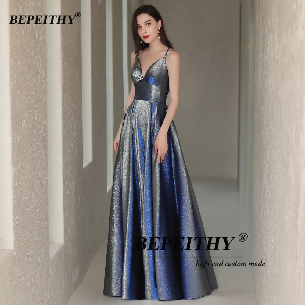 BEPEITHY Customized Glitter Prom Dress 2023 A Line Sexy Backless Sparkle Evening Dresses Floor Length Party Cocktail Dresses