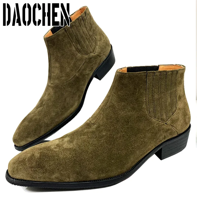 

Luxury Brand Men Ankle Boots Green Suede Shoes Slip on Martin Boots Casual Men Dress Shoes Leather Chelsea Boots For Men