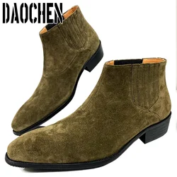 Luxury Brand Men Ankle Boots Green Suede Shoes Slip on Martin Boots Casual Men Dress Shoes Leather Chelsea Boots For Men