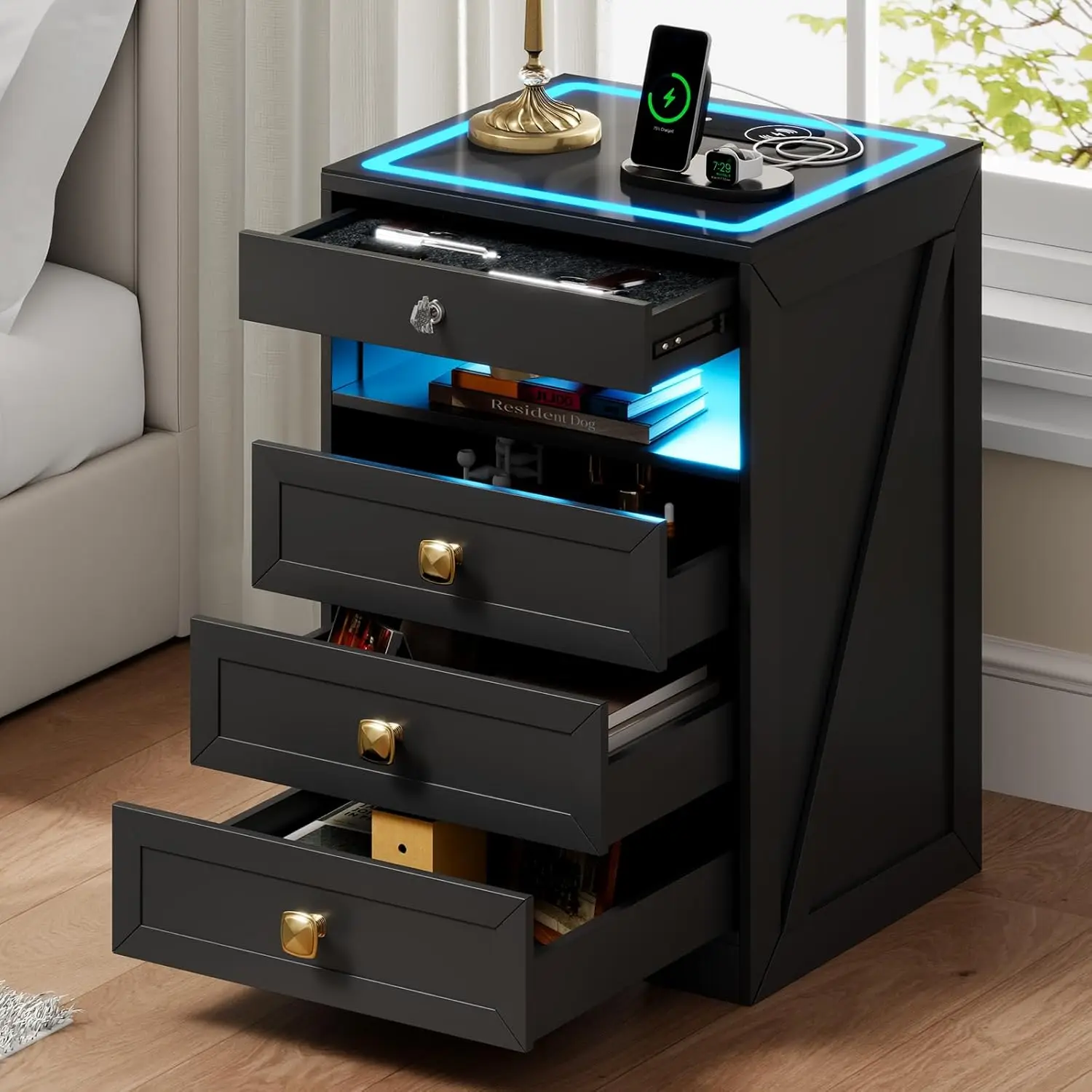 Night Stand Set 2 with Gun Drawer for Livingroom, Modern Nightstand with Wireless Charging Station for Bedroom, Customized