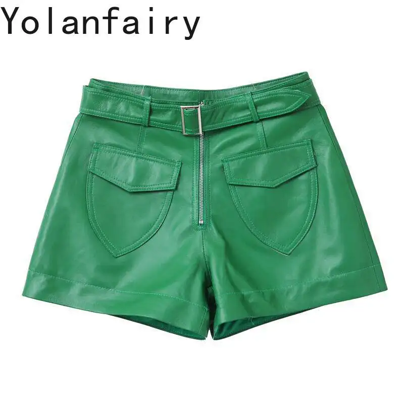 YOLANFAIRY New Wide Leg Shorts for Woman High Waist Genuine Sheepskin Leather Shorts Casual Real Leather Boot Pants Shorts Damen