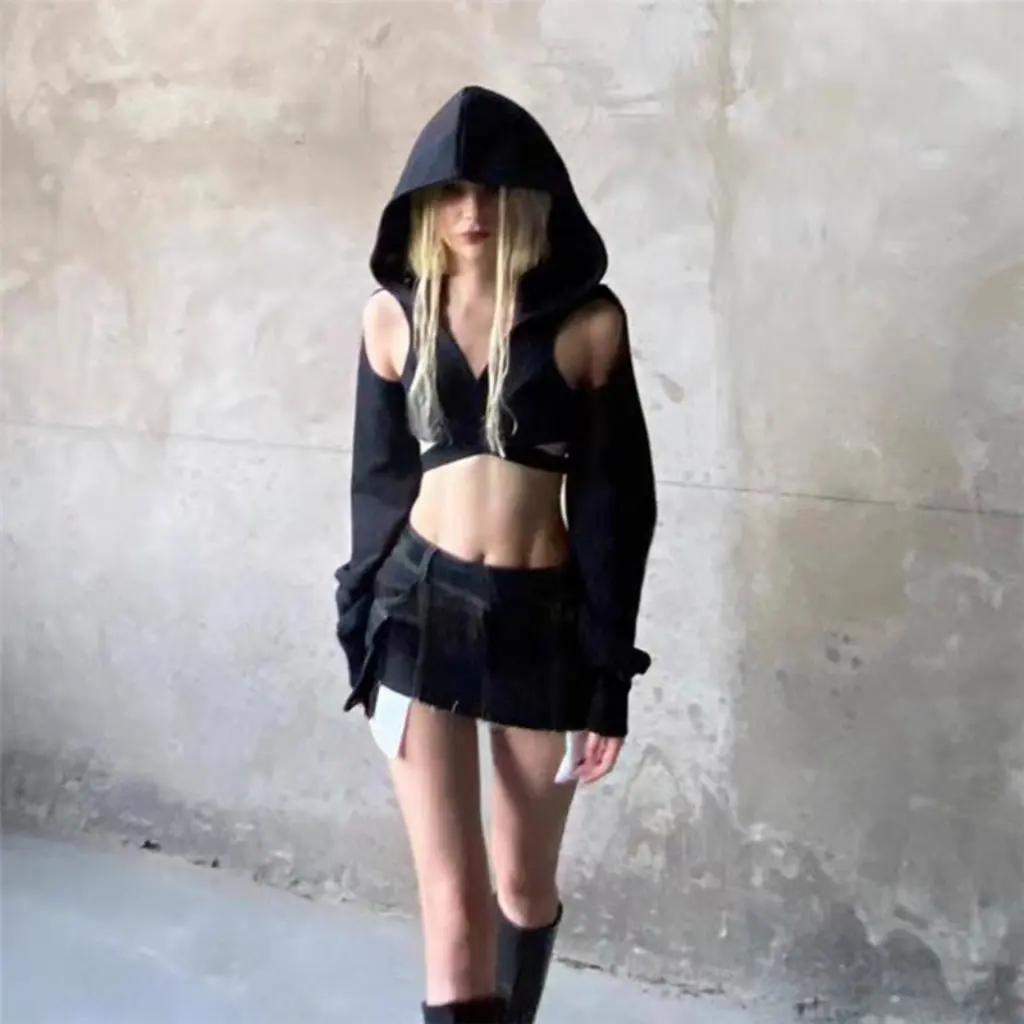 

Women's Trendy Hooded Hollow-Out T-Shirt Solid Color Waist-Tight Navel Style European American Autumn Fashion