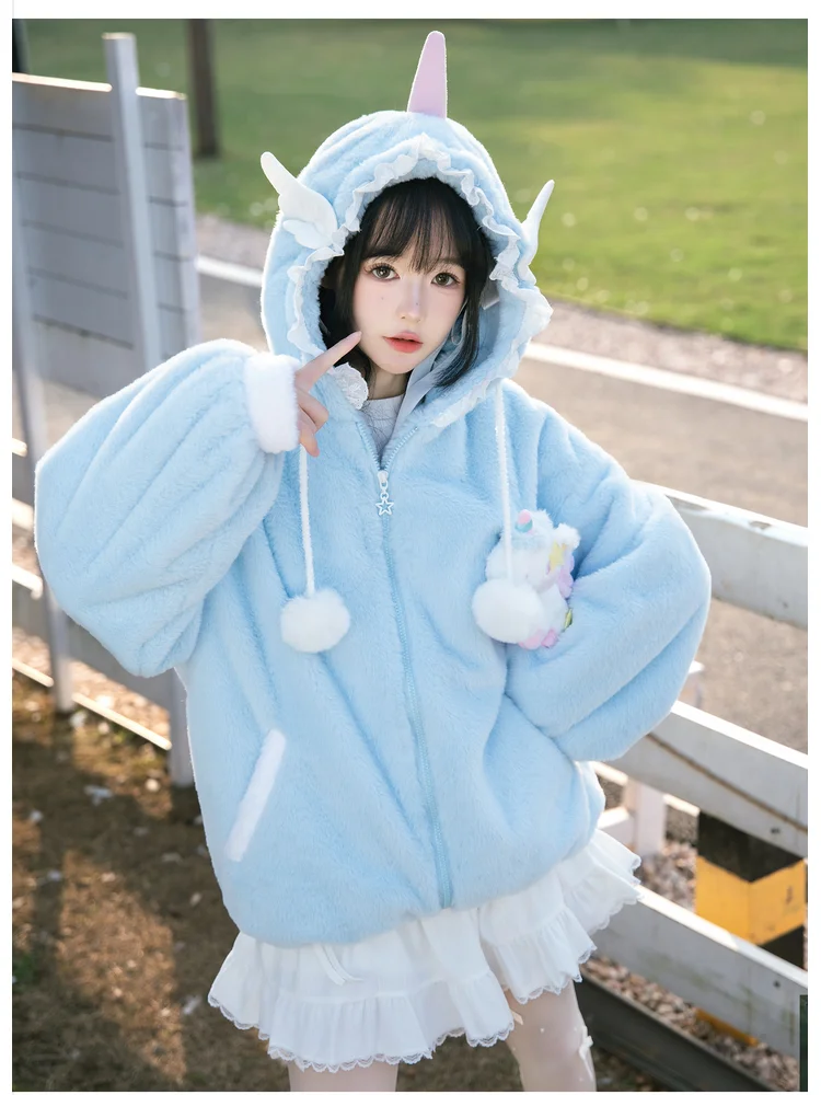 Original Lolita Girl Plush Coat Sweet Beauty Winter Hoodie Thickened Warm Women's Top Windproof 2025 New Style