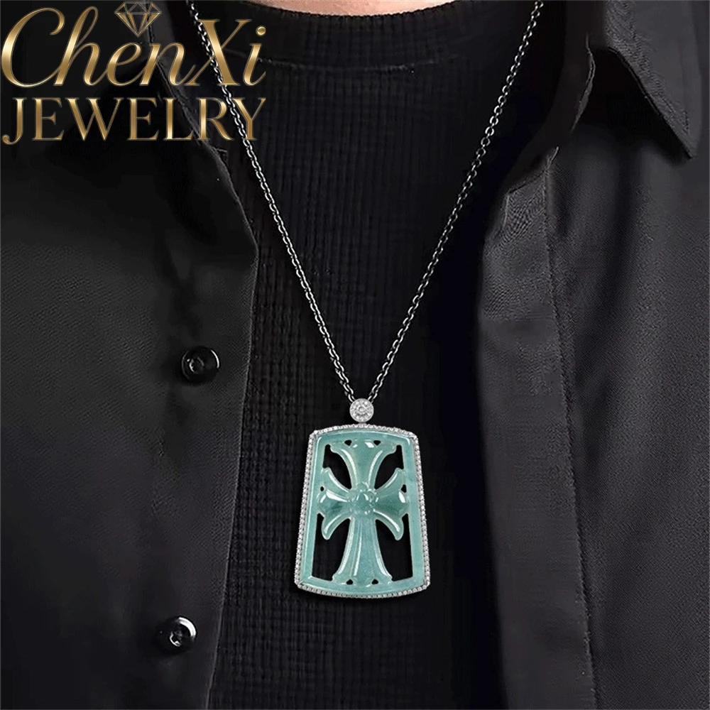 

S925 Silver Clasp Set With Natural Ice Blue Water Jadeite Crowe Heart Hollow-Out Cross Set With Diamond Pendant Exquisite Charms