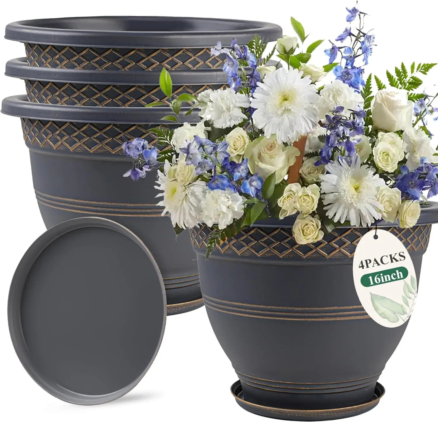 

4 Pack 16 Inch Large Plant Pots with Drainage Holes & Saucer, Plaid Pattern for Indoor Outdoor Garden Herbs Gold
