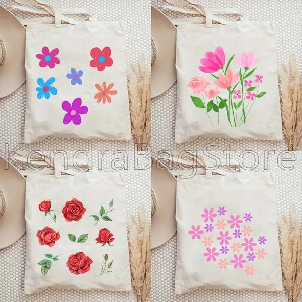 Cute Daisy Pastels Multi Floral Poppy Flowers Gifts Canvas Shoulder Tote Bag Shopping Bags Fashion Shopper Reusable Eco Handbag