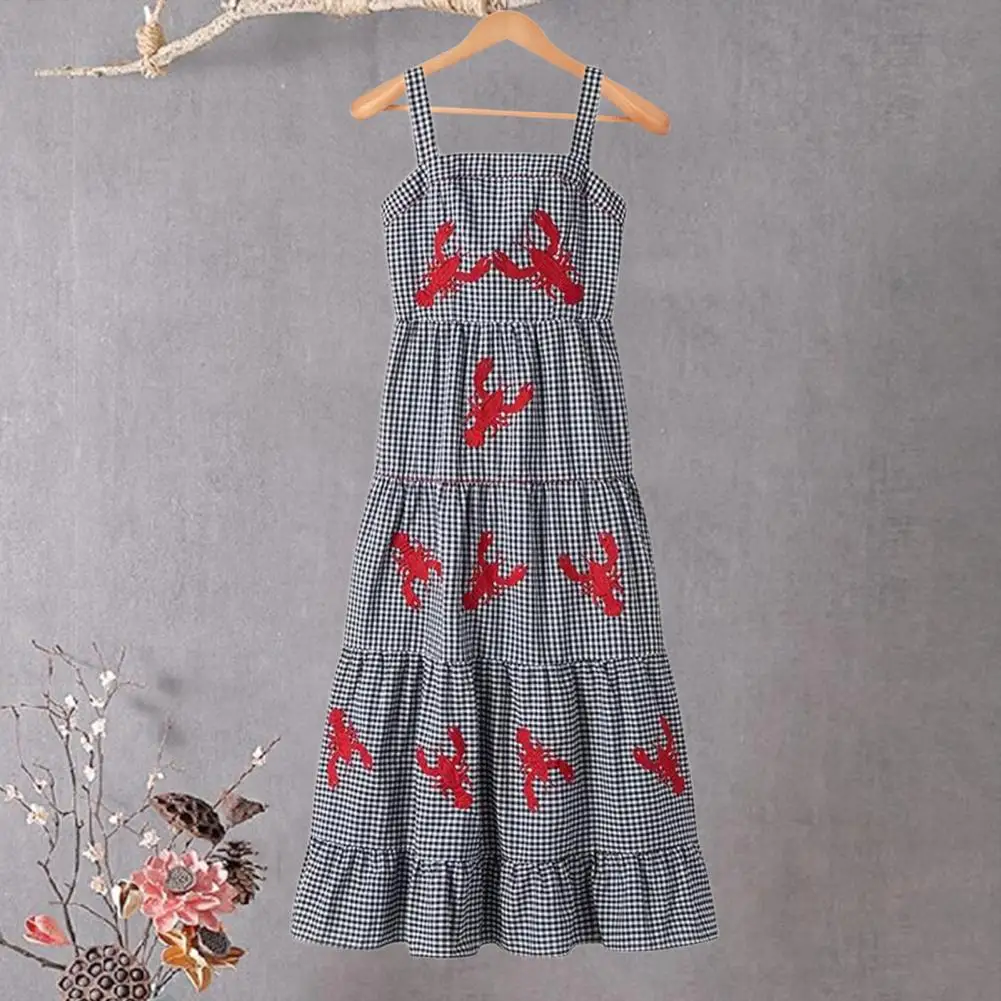 

Women Embroidered Dress Long Dress Stylish Lobster Embroidered Plaid Midi Dress for Women A-line Vacation Beach with Square Neck