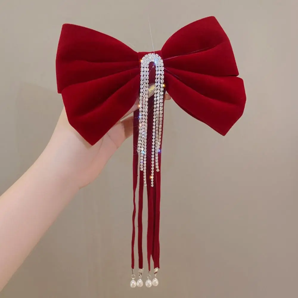 

Sweet Cloth Red Velvet Bow Hair Clip Rhinestone Pearl Bowknot Spring Clip Wine Red Hair Claw New Year Hairpin Women