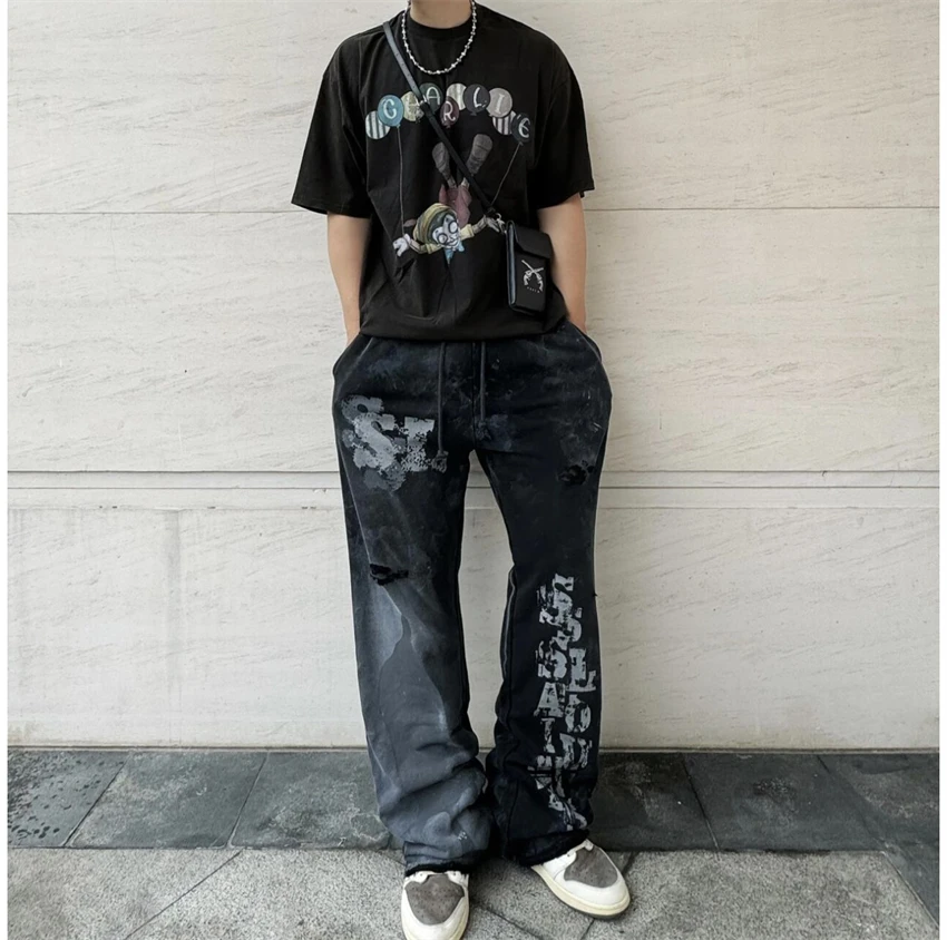 New Washed SSSAINT LOUIS Design Graffiti Printed Casual Pants High Street Casual Loose Cotton Autumn/Winter Vintage Sports Pants