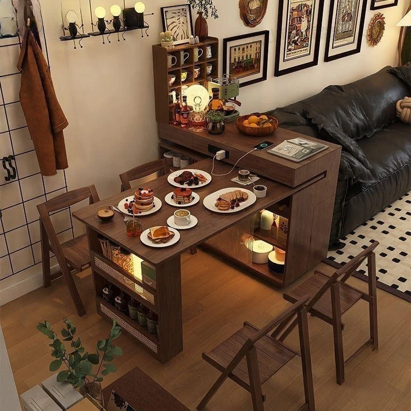 

Island platform solid wood dining table integrated rotating small apartment telescopic bar table medium antique side cabinet sof