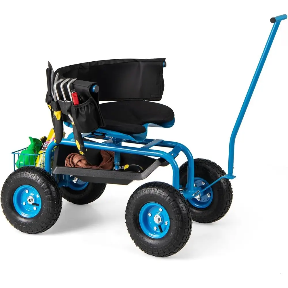 

Outdoor Garden Cart with 360° Swivel Seat, Tool Storage, and Dual Steering Handles
