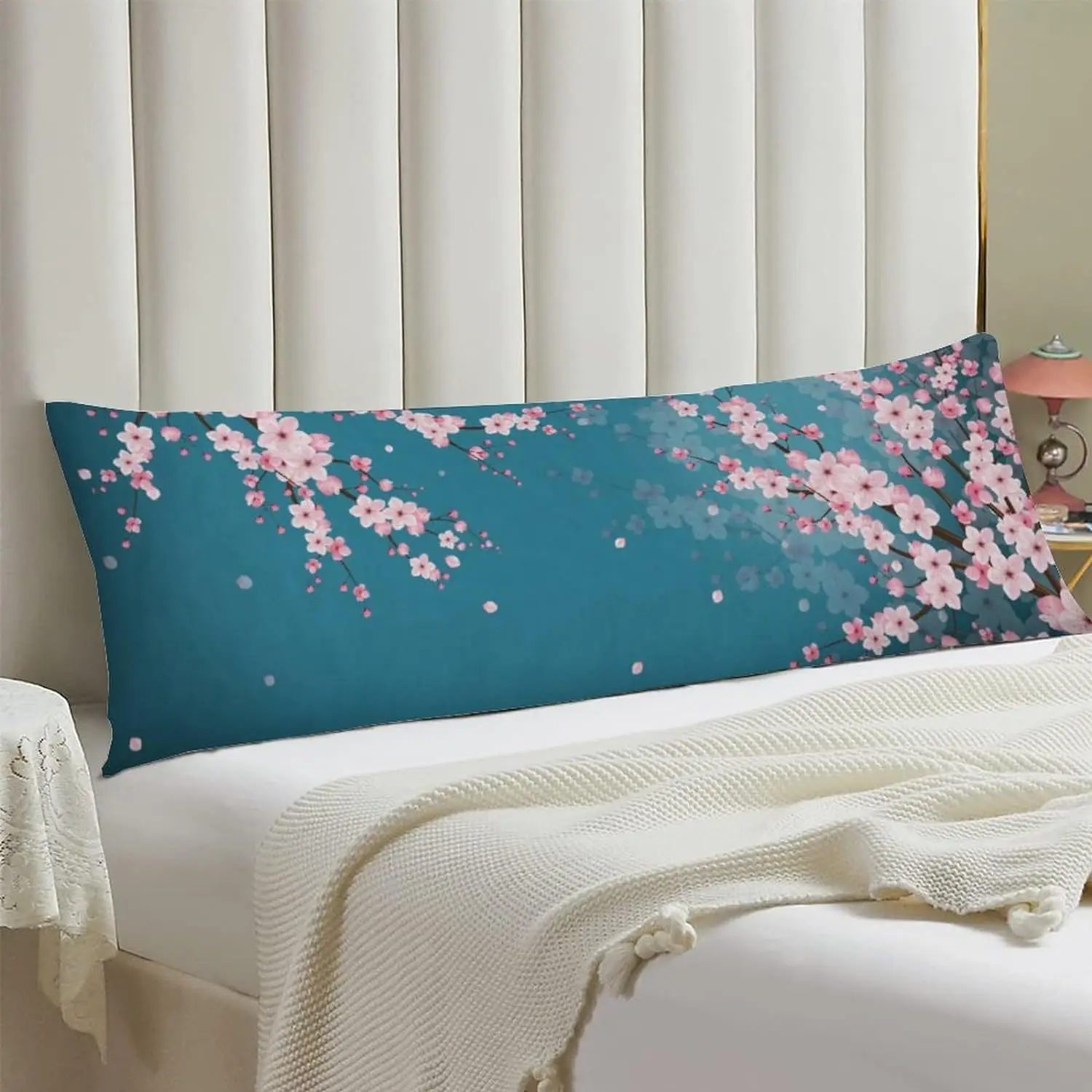 1pc Cherry Blossom Body Pillowcase Soft Polyester Zippered Long Rectangle Cover Pillow Cover Print Satin Fabric Pillow Cover