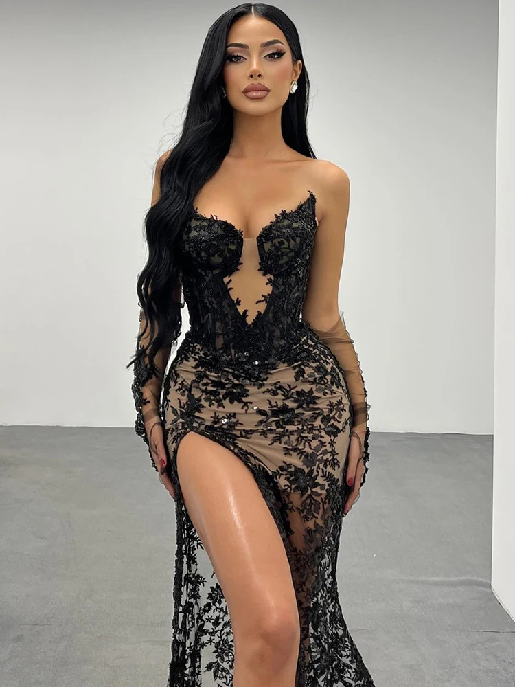 Strapless V Neck High Slit   Black Lace Mermaid Long Dress Prom Party Evening Gown with Gloves