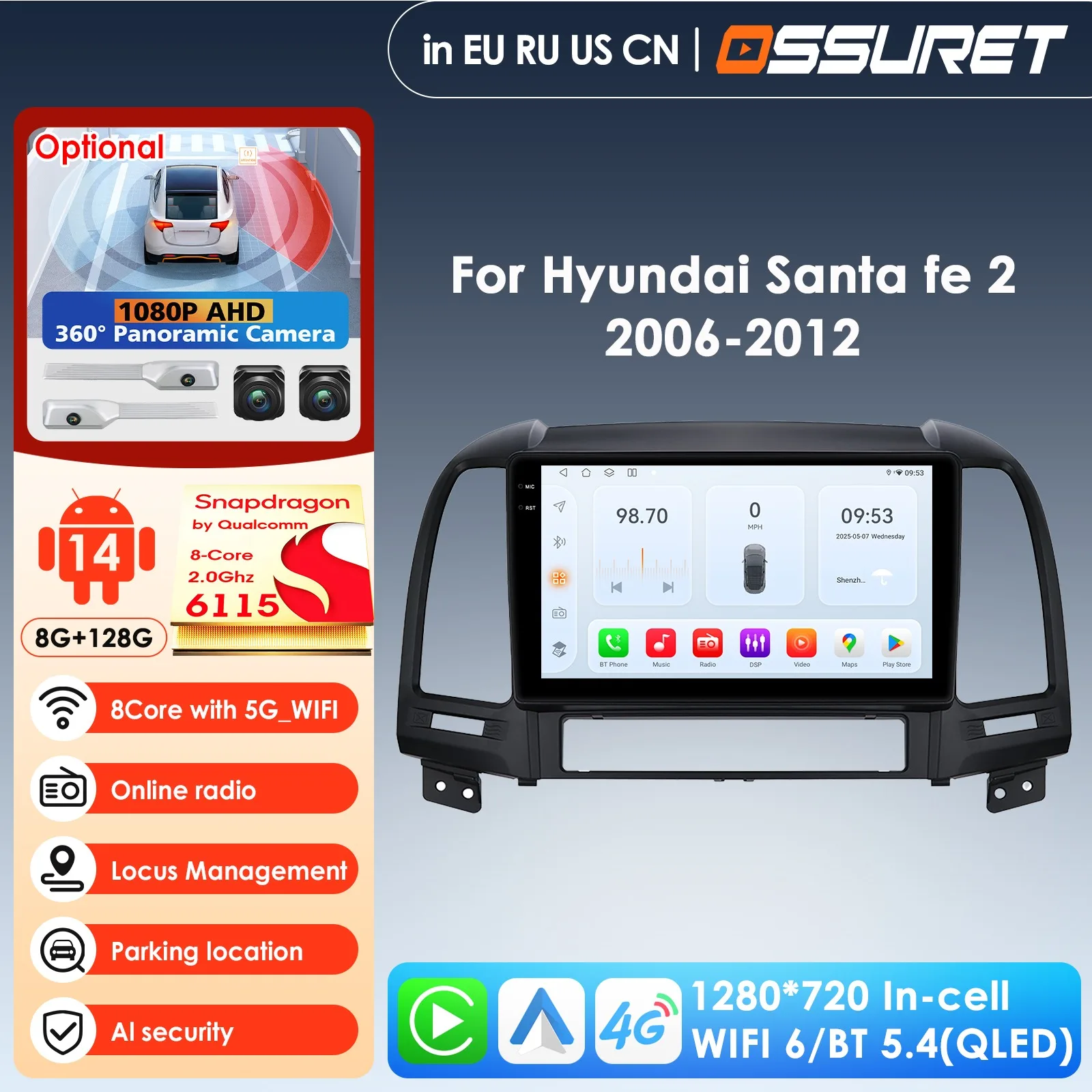 

Автомобильный интеллектуальный экран-магнитола для Hyundai Santa Fe 2 (2006-2012) — мультимедийный плеер, стереосистема, CarPlay, 4G, GPS, головное устройство, AI, Bluetooth