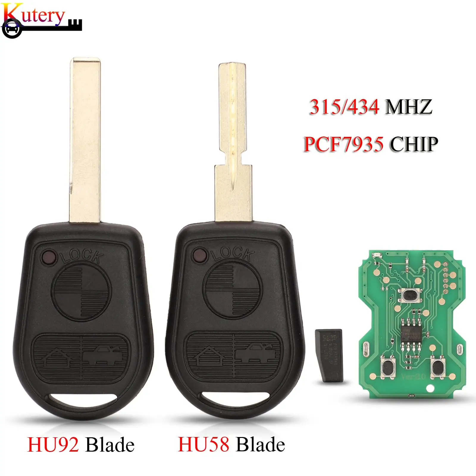 

jingyuqin Remote Car Key For BMW E31 E32 E34 E36 E38 E39 E46 Z3 315/433MHZ PCF735 Chip 3Buttons With HU58/HU92 Blade