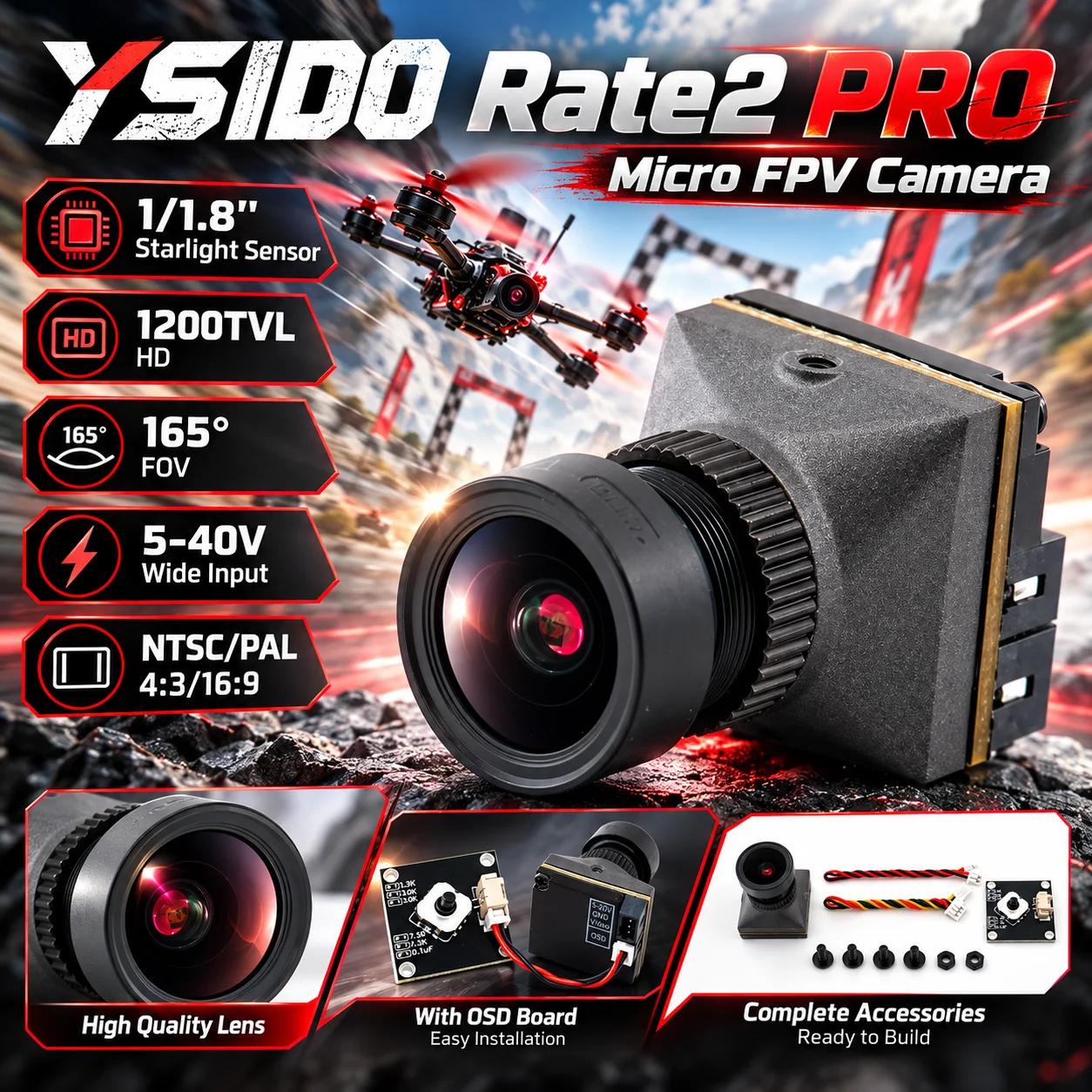 Lightweight RC FPV Camera Rate2 PRO 2.1mm Lens 16:9/4:3 NTSC/PAL Switchable With Lens for Micro FPV Camera Drone Quadcopter