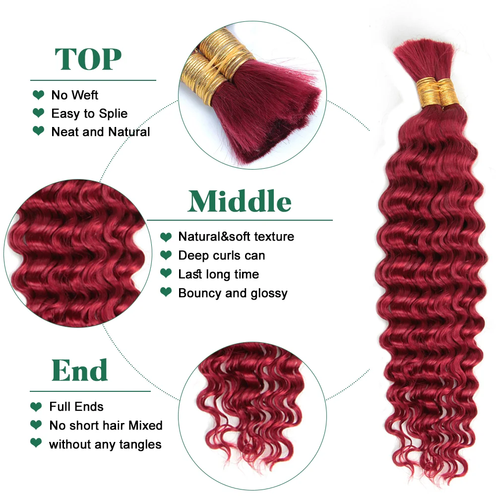 Deep Wave Bulk Human Hair for Braiding No Weft Burgundy Braiding Hair For Boho Braids Brazilian Virgin Human Hair Extensions