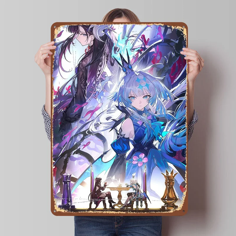 Anime Chess Game With Two Characters Metal Poster Custom Wall Art Retro Vintage Tinplate Signs for Man Cave Mancave Decoration