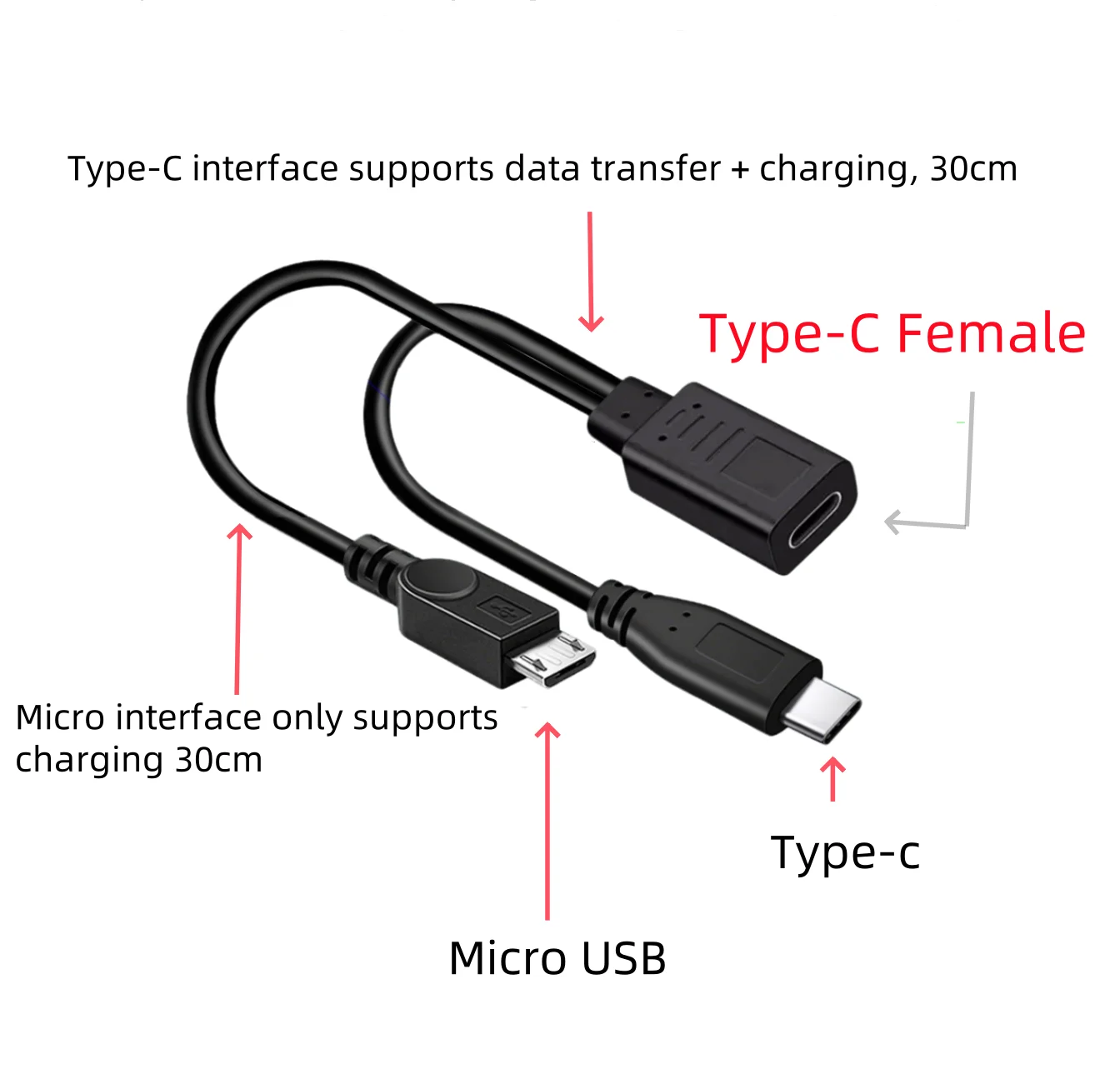 

0.3m USB C Splitter Cable Type-C Female to Male C and Micro USB Extension Cable for Charging Android Phone Tablets
