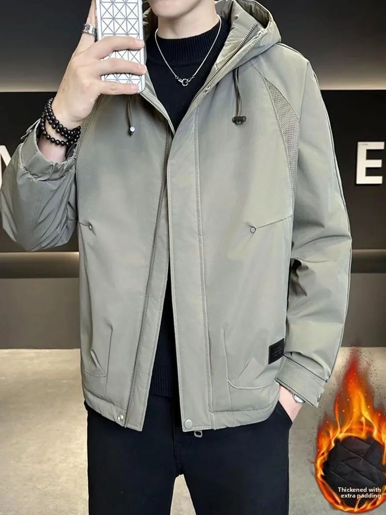 

Мужская модная повседневная куртка-ветровка из хлопка с капюшоном, ветрозащитная, теплая, из полиэстера, с длинным рукавом и застежкой-молнией