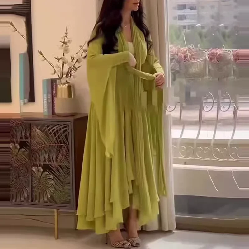 

2025 Summer Elegant Vacation Sets Women's Casual Solic Color Chiffon Suits Spring Fashion Hight Waist Pleated Loose 2Pc Outfits