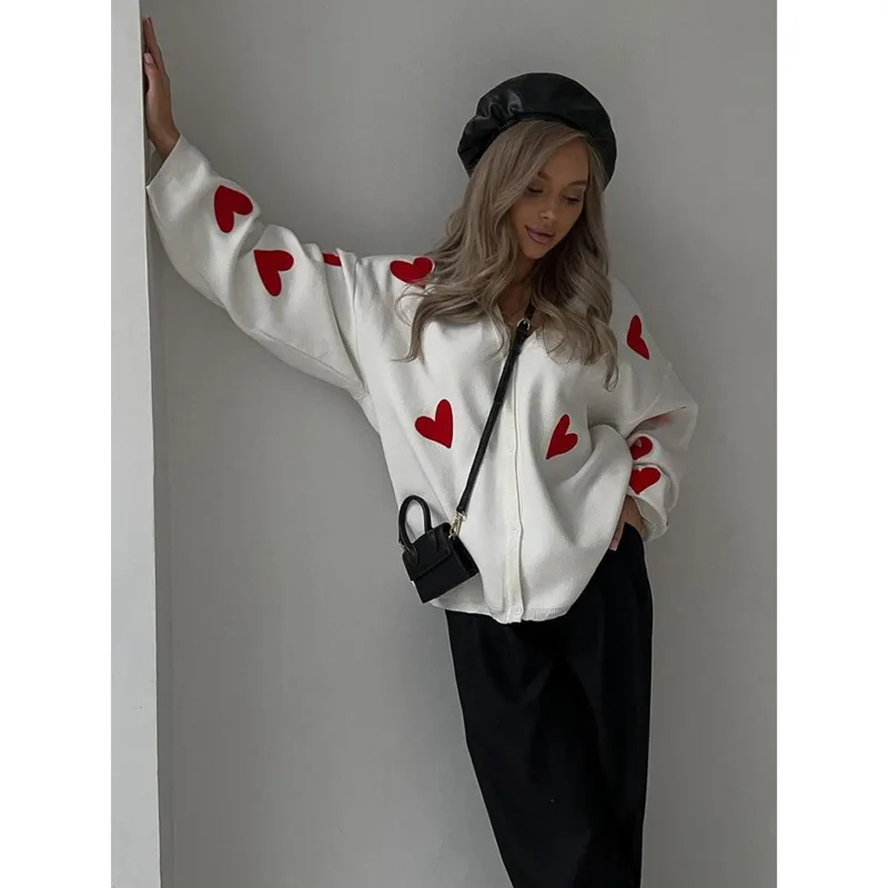 Love Heart Pattern Elegant Cardigan Women Casual Long Sleeve V-neck Single Breasted Jacket Lady Fashion Knit High Street Sweater