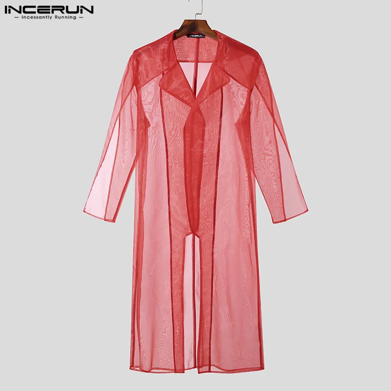 INCERUN Tops 2024 American Style Sexy New Mens See-through Mesh Lapel Suit Coat Casual Front Short Back Long Design Blazer S-5XL