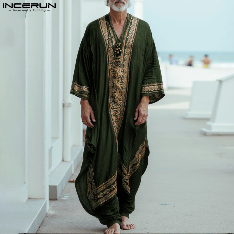 INCERUN Men Jubba Thobe Printing Patchwork V Neck Long Sleeve Male Robes Muslim Kaftan Loose 2025 Arab Casual Men Caftan Abaya