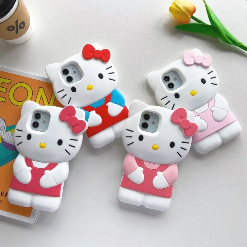 Sanrio Hello Kitty 3D Stereoscopic Phone Case for IPhone 15 14 13 Pro Max Silicone Y2K KT Cover Soft Back Full Cover Girl