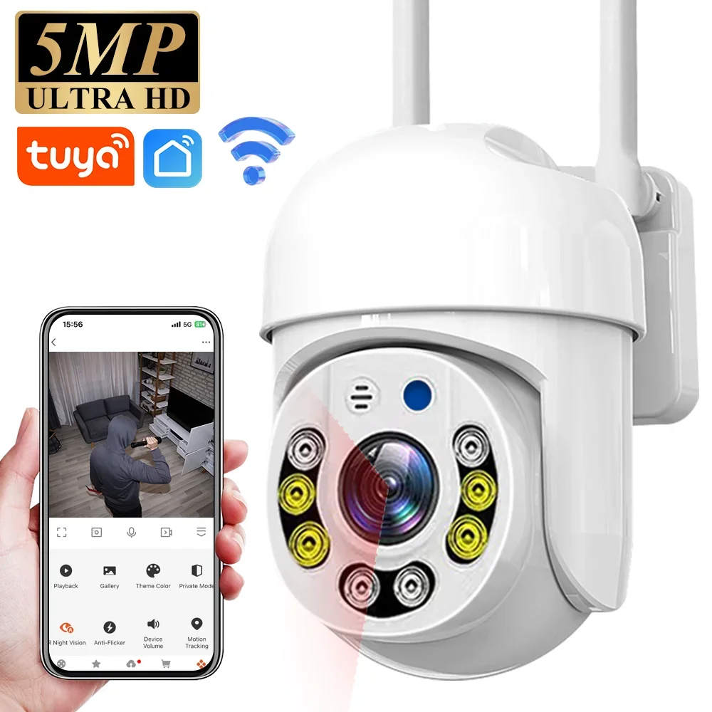 tuya-wi-fi対応屋外防水ptz-hdセキュリティビデオカメラ、5mpワイヤレスカメラ、ai人体検知機能搭載、tuyaスマートライフ対応監視カメラ