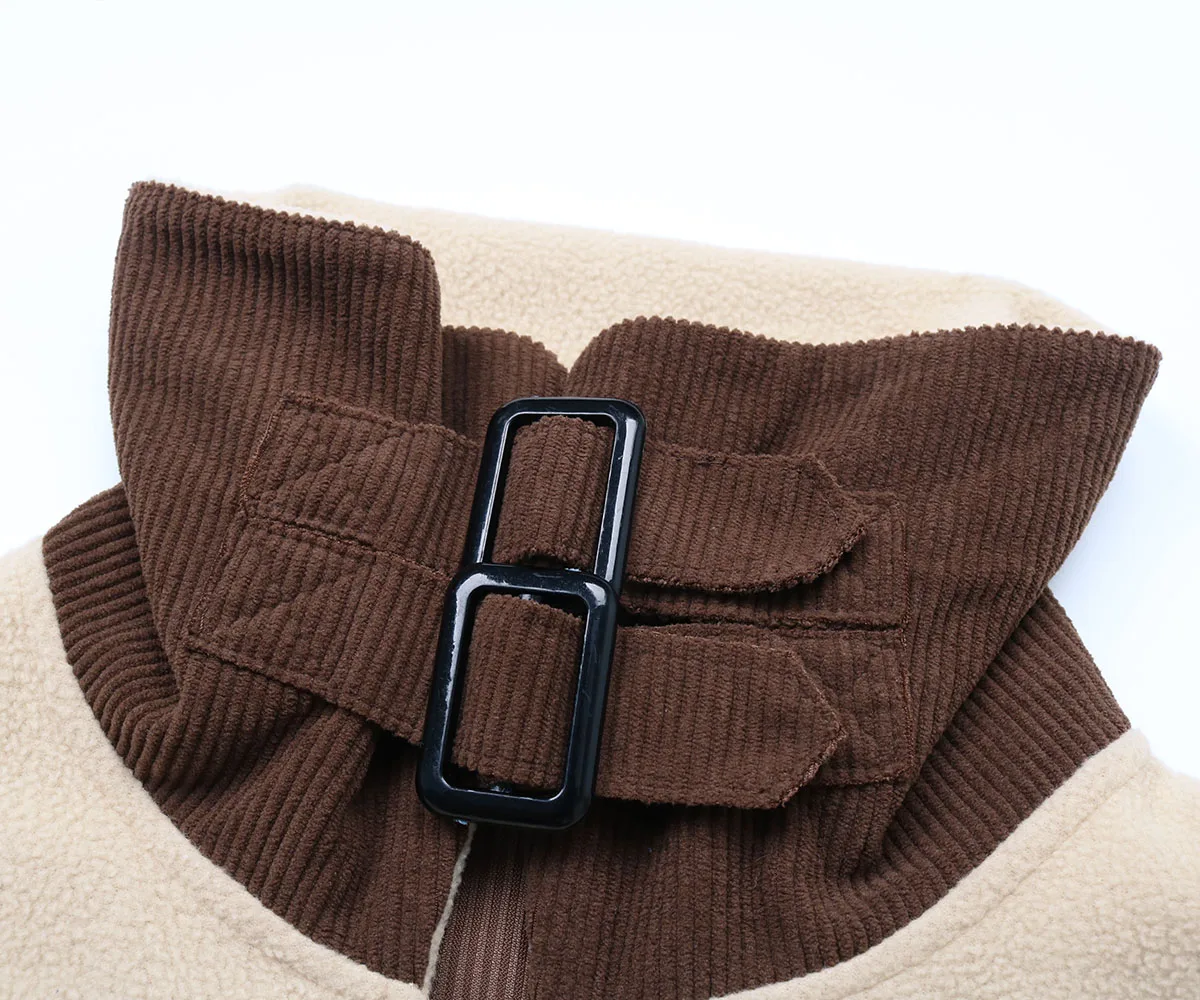 Jaket Wanita Warna Cokelat Beige dengan Blok Warna, Kerah Tinggi, Ritsleting, Saku Korduroi, Musim Gugur Musim Dingin, Kasual, Fashion, Slim Fit