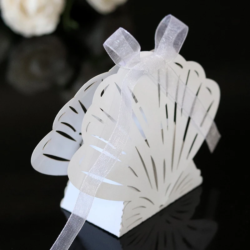50/100pcs Laser Cut Shell Candy Boxes Carriage Wedding Favors Gift Box With Ribbon Baby Shower Wedding Birthday Party Decoration
