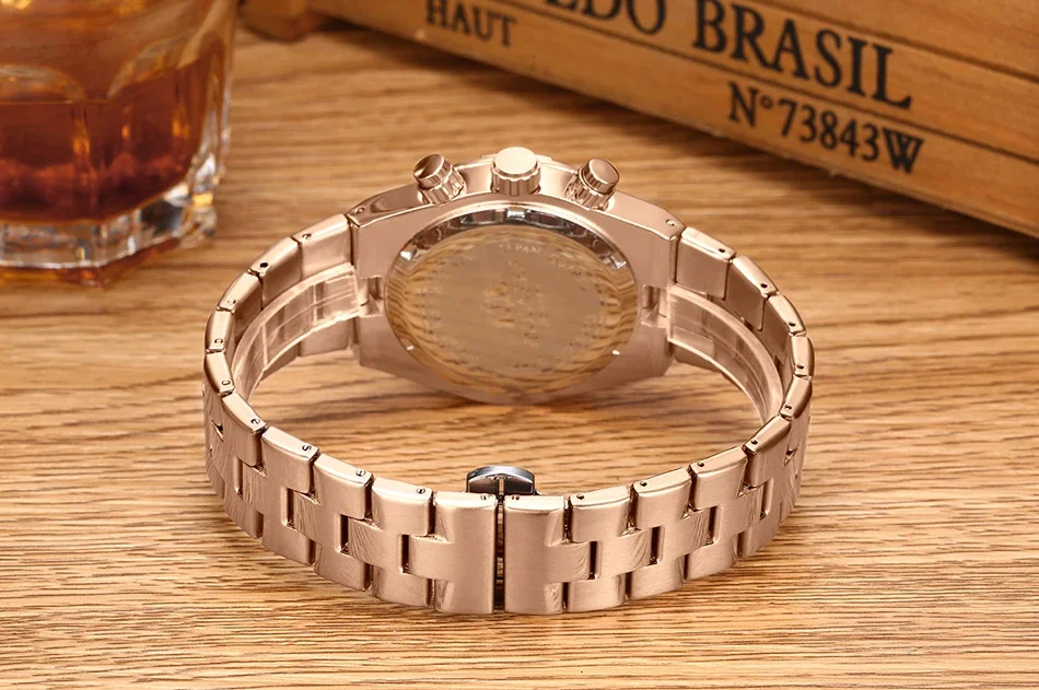 Men Chronograph Luxury Luminous Rose Gold Silver Blue Fashion Quartz Overseas Stainless Steel Watches