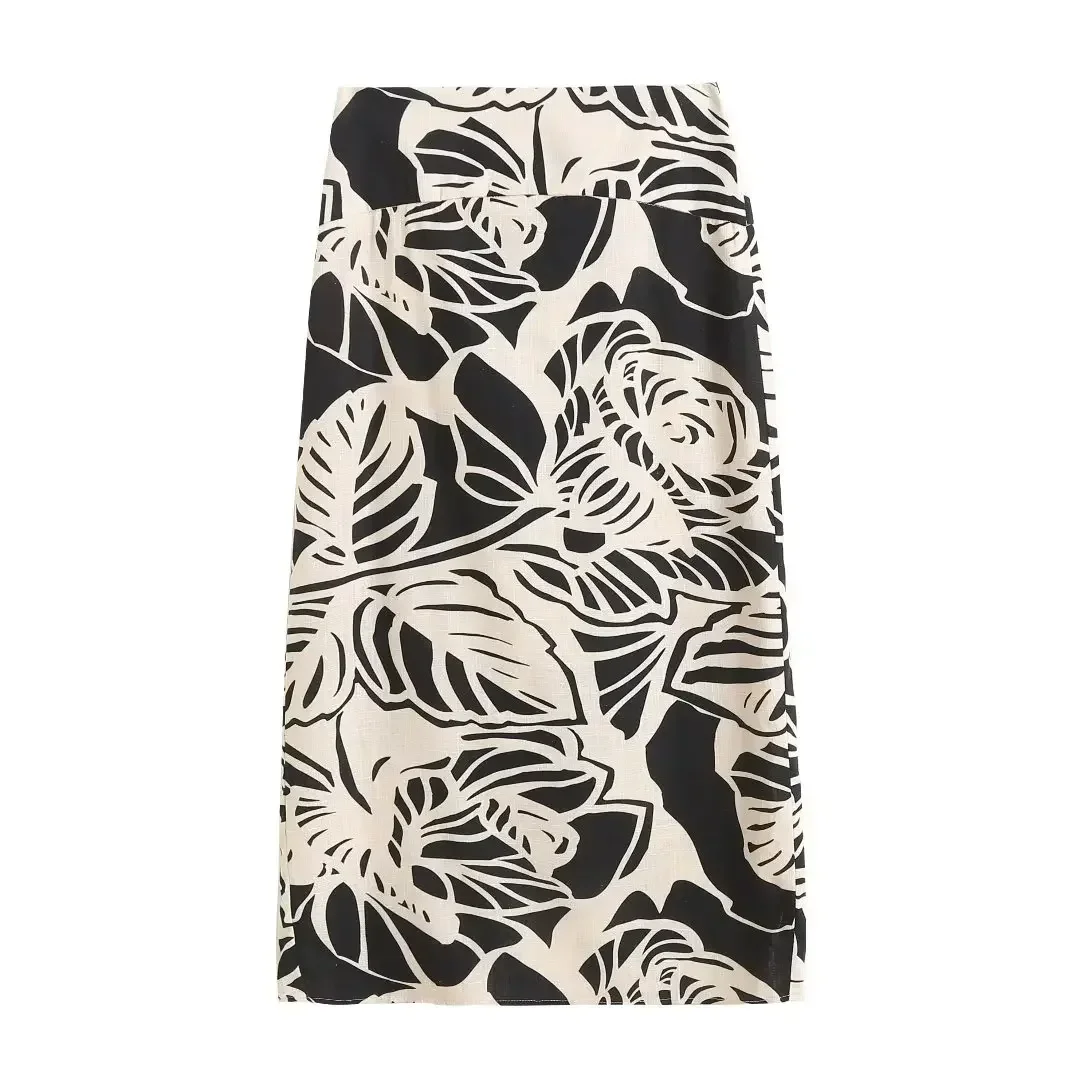 Women's 2023 Chic Fashion Temperament Joker Printed Pattern Split Long Skirt Retro High Waist Side Zipper Skirt Mujer